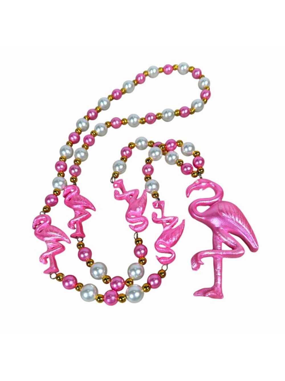 Pink Flamingo Necklace Mardi Gras Bead Resin White Faux Pearl Gold Tone Vintage
